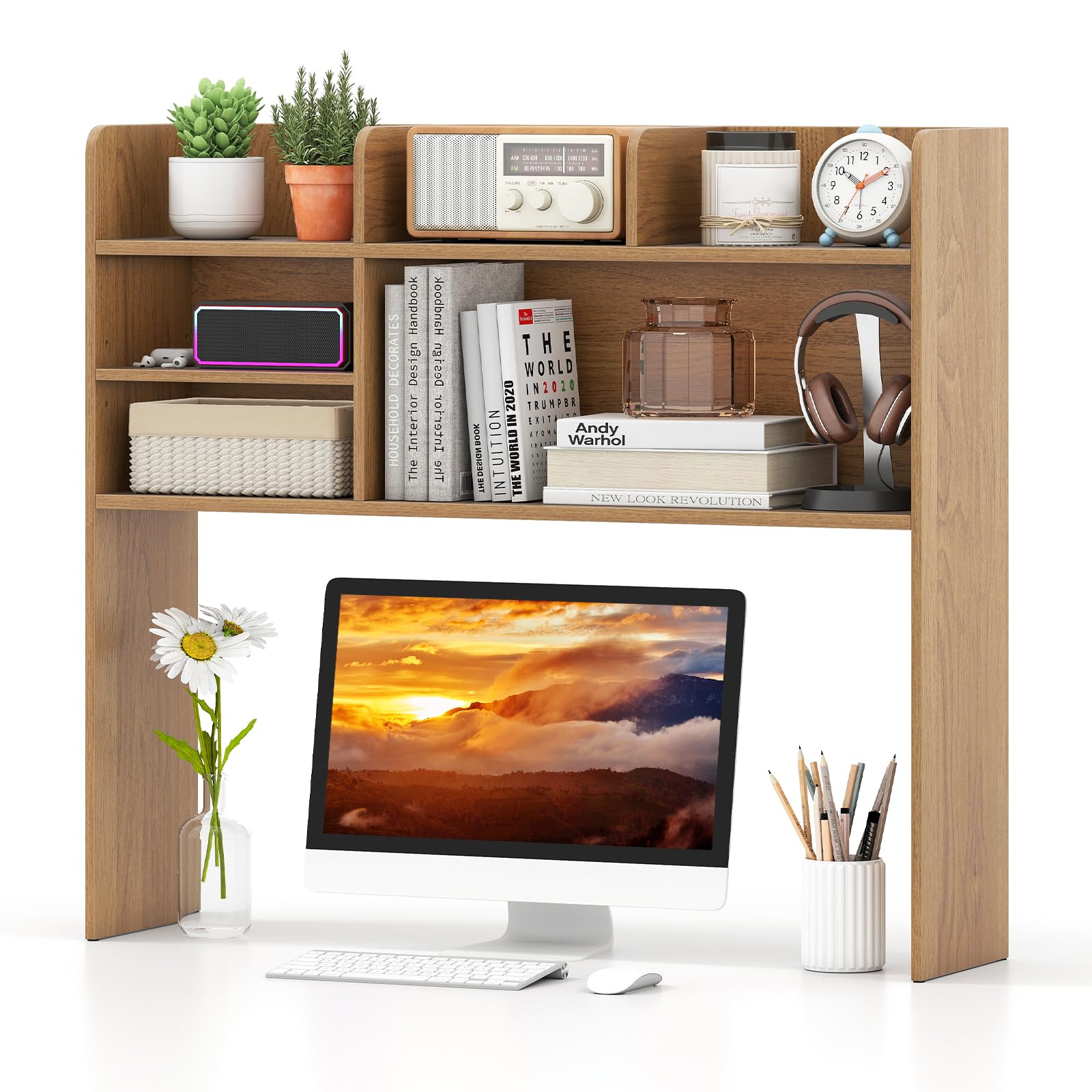 Tangkula Desktop Bookshelf Countertop Storage Hutch with 6 Storage Shelves
